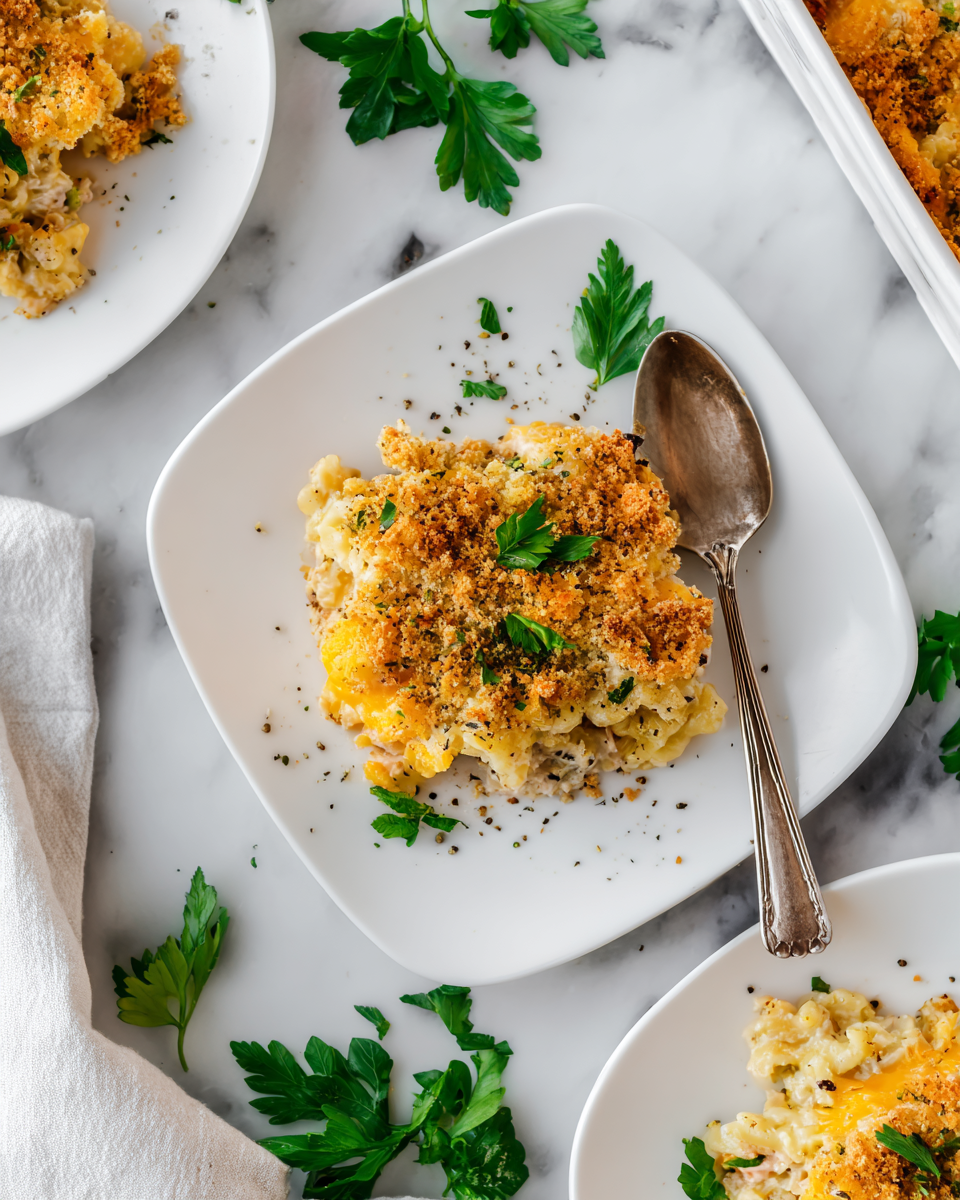 Delicious Tuna Noodle Casserole baked with cheese, crispy topping, and easy-to-follow recipe for warm family dinners.