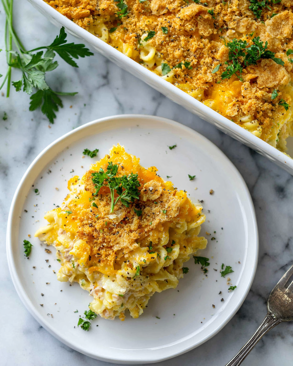 Delicious Tuna Noodle Casserole baked with cheese, crispy topping, and easy-to-follow recipe for warm family dinners.