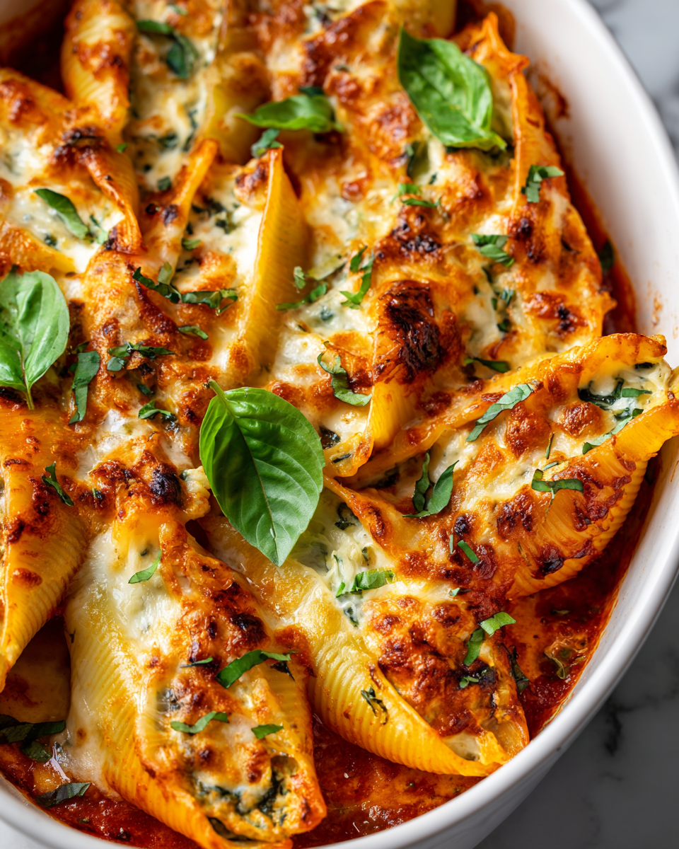 Delicious Turkey and Spinach Stuffed Shells, a comforting autumn dish made with jumbo pasta, ground turkey, and cheese, perfect for family gatherings.