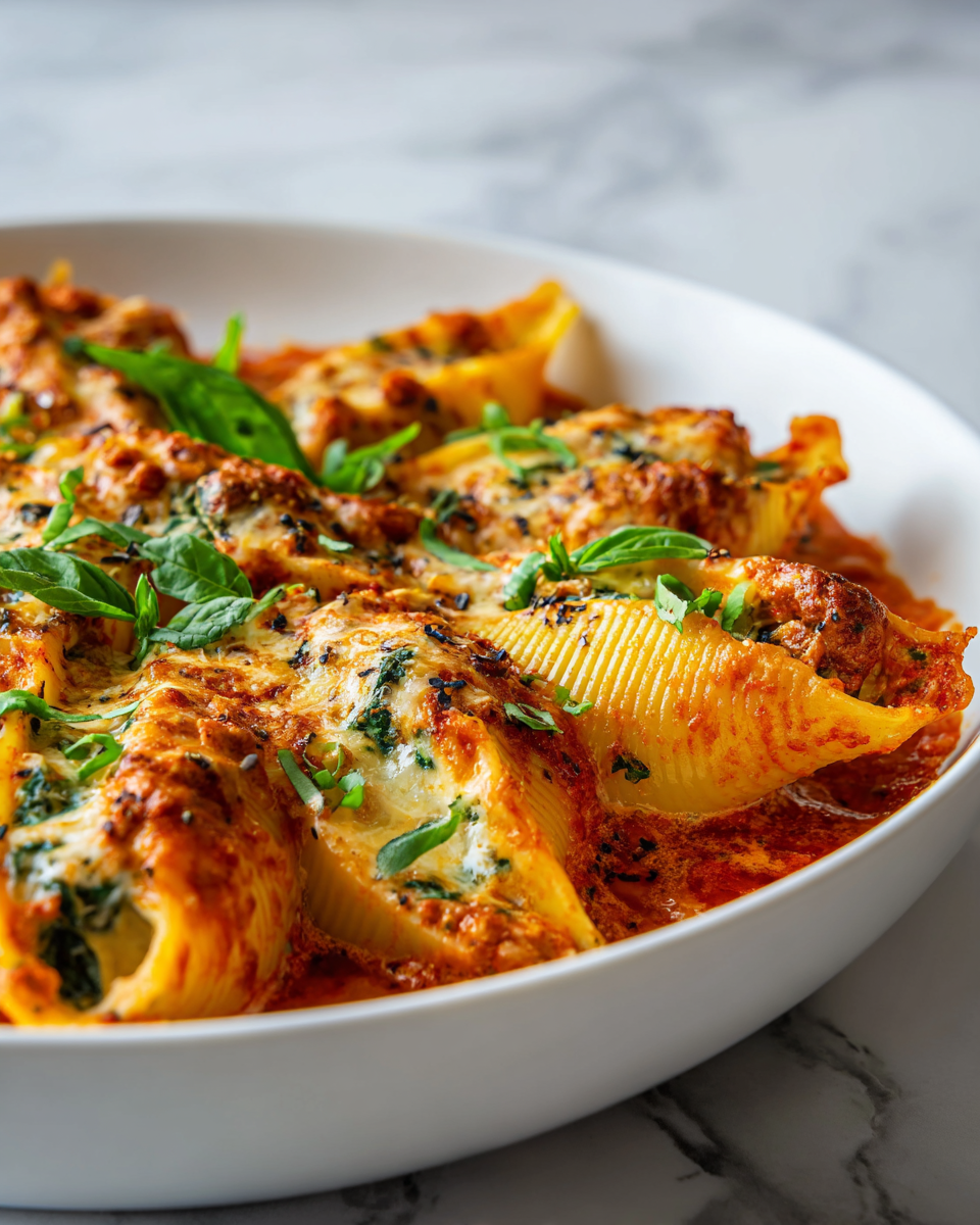 Delicious Turkey and Spinach Stuffed Shells, a comforting autumn dish made with jumbo pasta, ground turkey, and cheese, perfect for family gatherings.