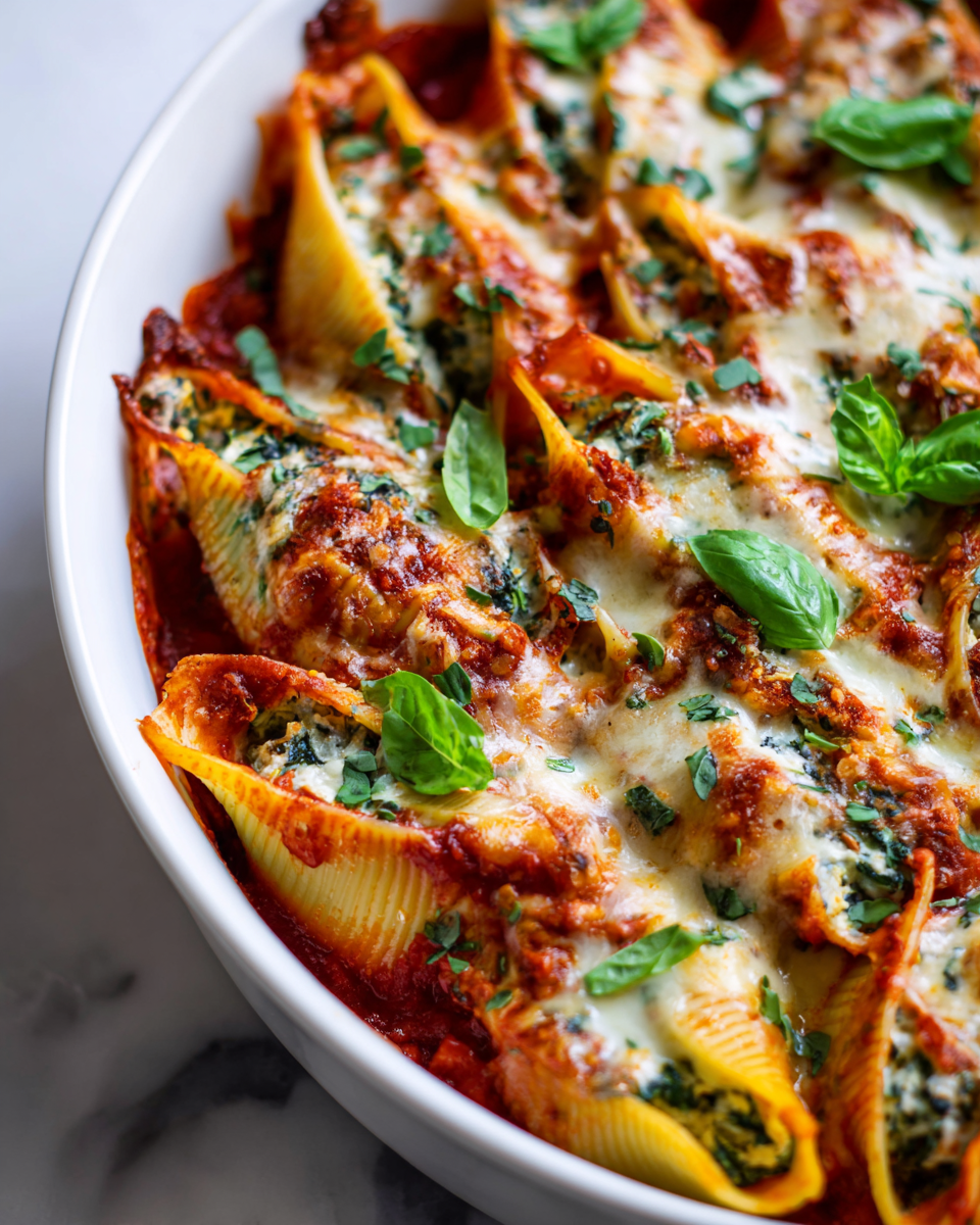 Delicious Turkey and Spinach Stuffed Shells, a comforting autumn dish made with jumbo pasta, ground turkey, and cheese, perfect for family gatherings.