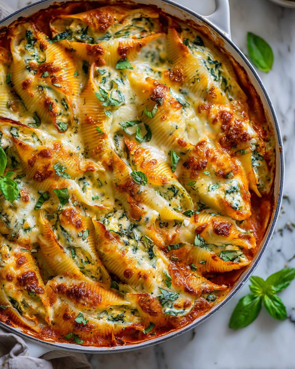 Delicious Turkey and Spinach Stuffed Shells, a comforting autumn dish made with jumbo pasta, ground turkey, and cheese, perfect for family gatherings.