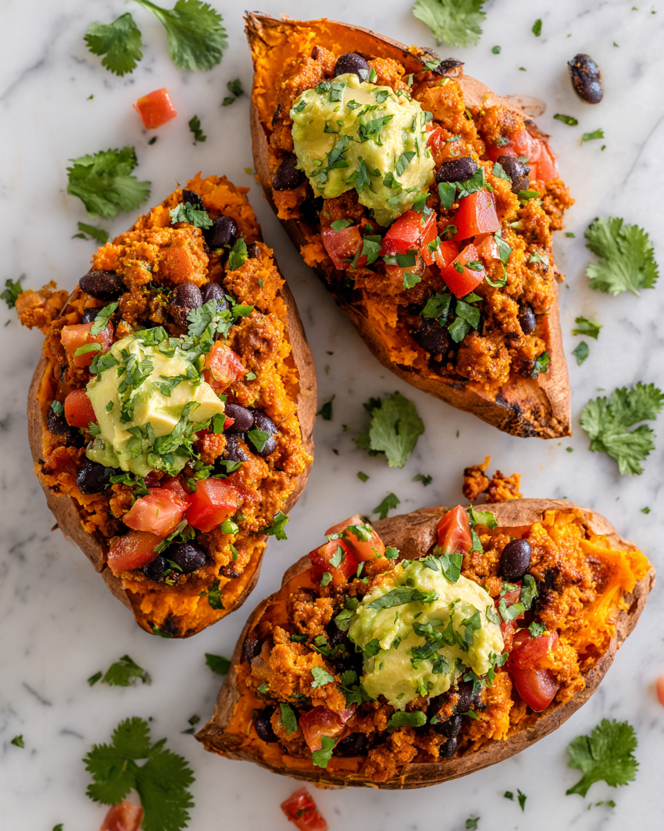Turkey taco stuffed sweet potatoes with ground turkey, black beans, and vibrant toppings, a nutritious and festive dish for gatherings