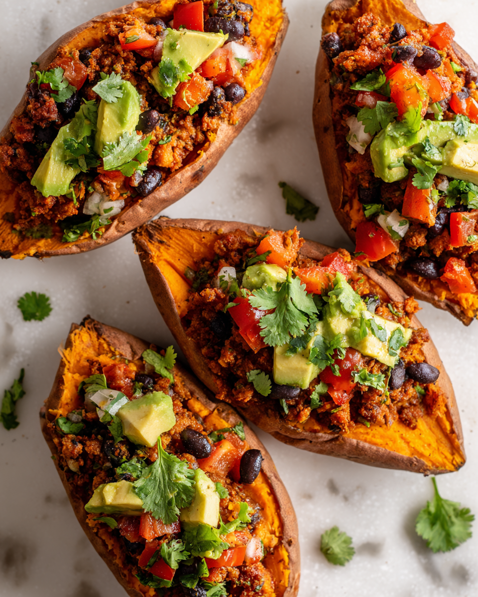 Turkey taco stuffed sweet potatoes with ground turkey, black beans, and vibrant toppings, a nutritious and festive dish for gatherings