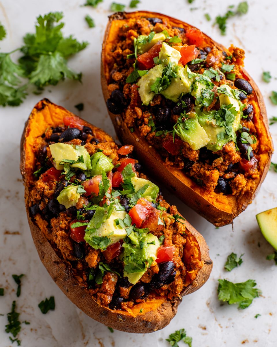 Turkey taco stuffed sweet potatoes with ground turkey, black beans, and vibrant toppings, a nutritious and festive dish for gatherings
