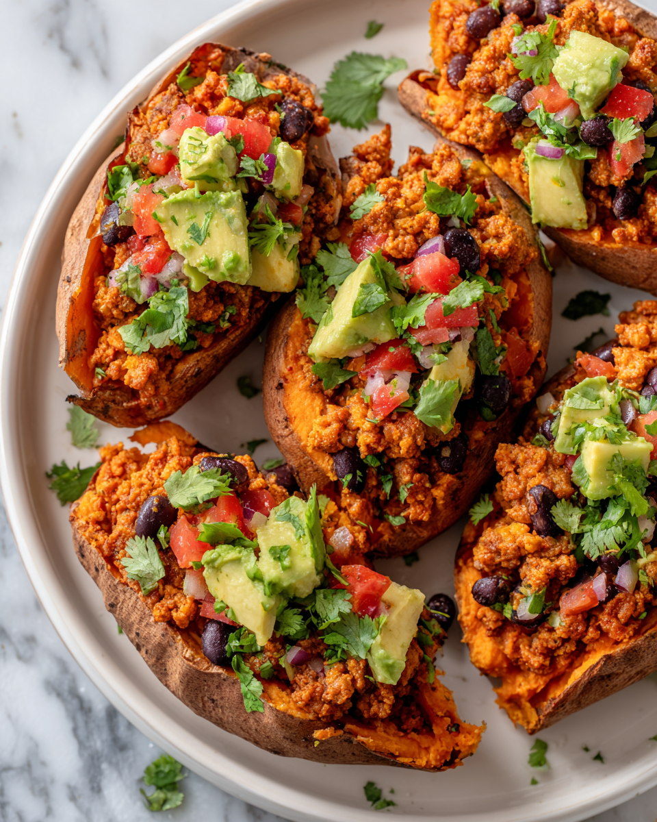 Turkey taco stuffed sweet potatoes with ground turkey, black beans, and vibrant toppings, a nutritious and festive dish for gatherings