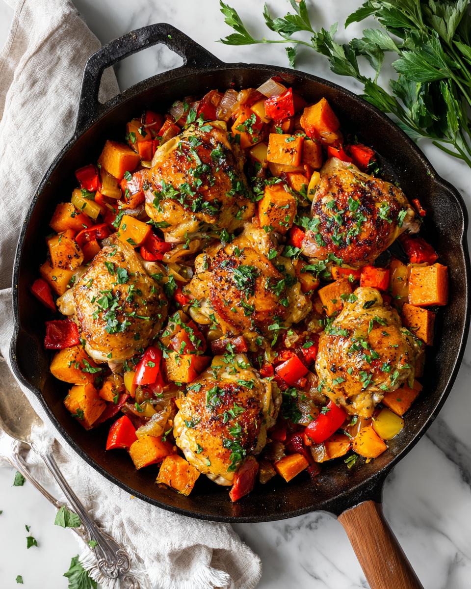 Delicious Chicken and Sweet Potato Skillet with vibrant vegetables and tender chicken for a quick holiday meal.