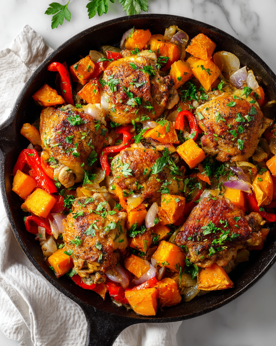 Delicious Chicken and Sweet Potato Skillet with vibrant vegetables and tender chicken for a quick holiday meal.