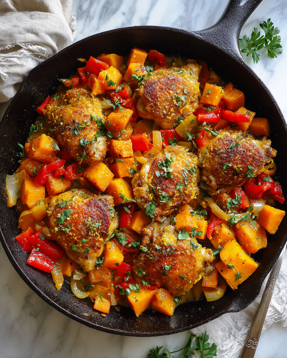 Delicious Chicken and Sweet Potato Skillet with vibrant vegetables and tender chicken for a quick holiday meal.