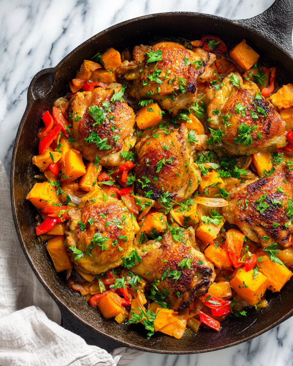 Delicious Chicken and Sweet Potato Skillet with vibrant vegetables and tender chicken for a quick holiday meal.