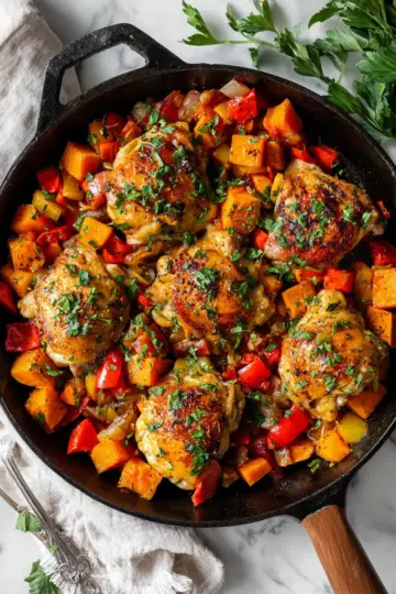 Delicious Chicken and Sweet Potato Skillet with vibrant vegetables and tender chicken for a quick holiday meal.