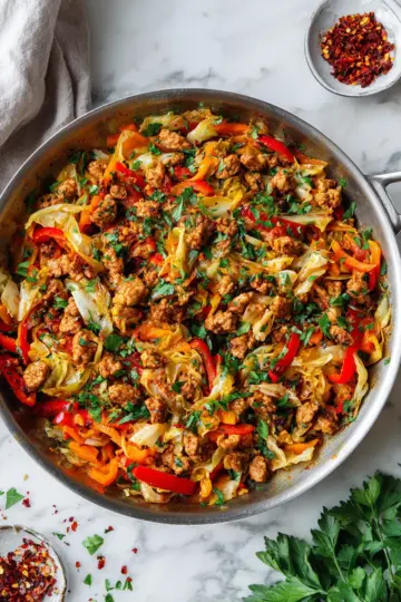 Ground Turkey and Cabbage Skillet: A healthy, one-pan meal ready in 30 minutes, featuring nutrient-rich ingredients for a cozy dinner.