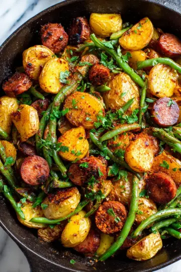 One-Pan Kielbasa and Potatoes with Green Beans roasted to perfection for a comforting meal in 40 minutes