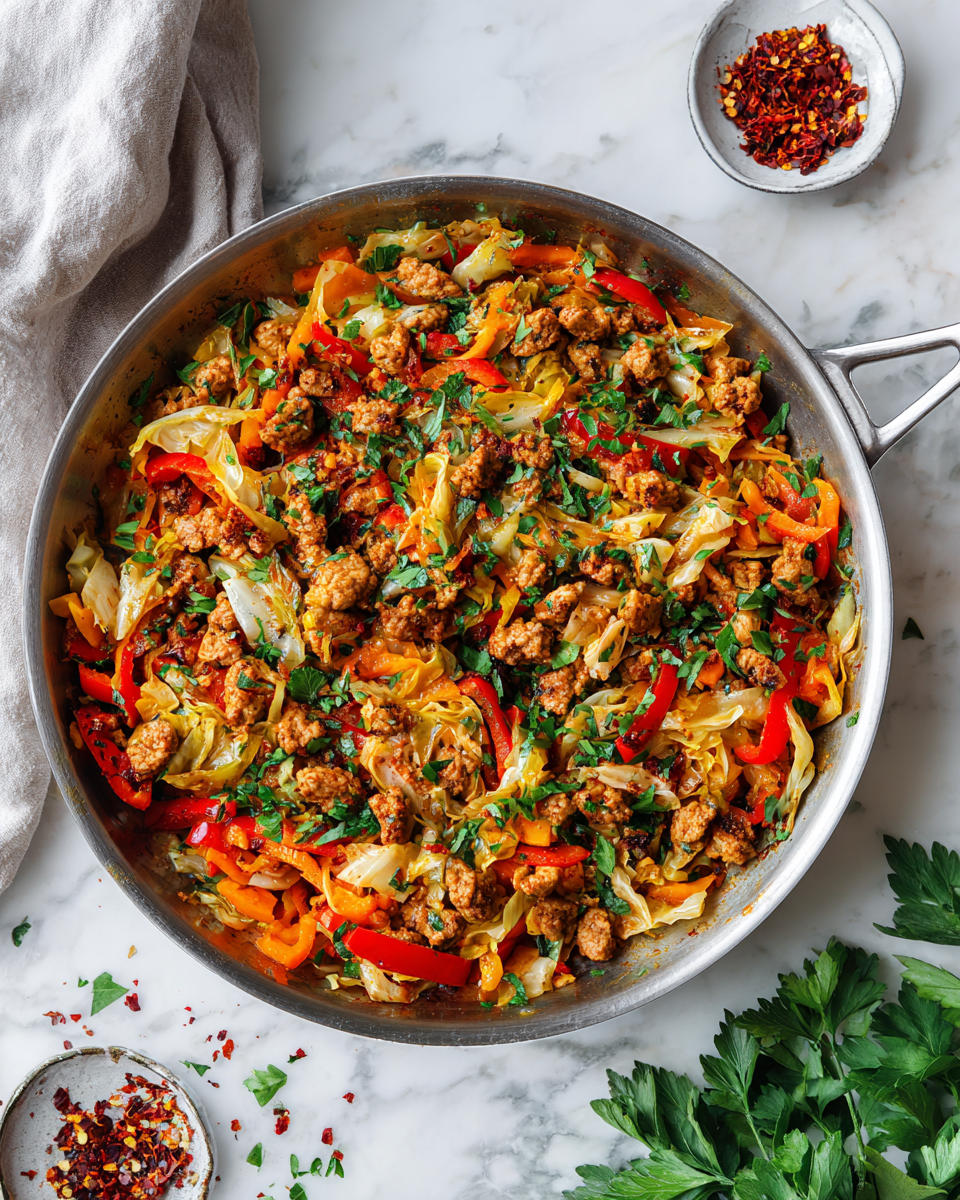 Ground Turkey and Cabbage Skillet: A healthy, one-pan meal ready in 30 minutes, featuring nutrient-rich ingredients for a cozy dinner.