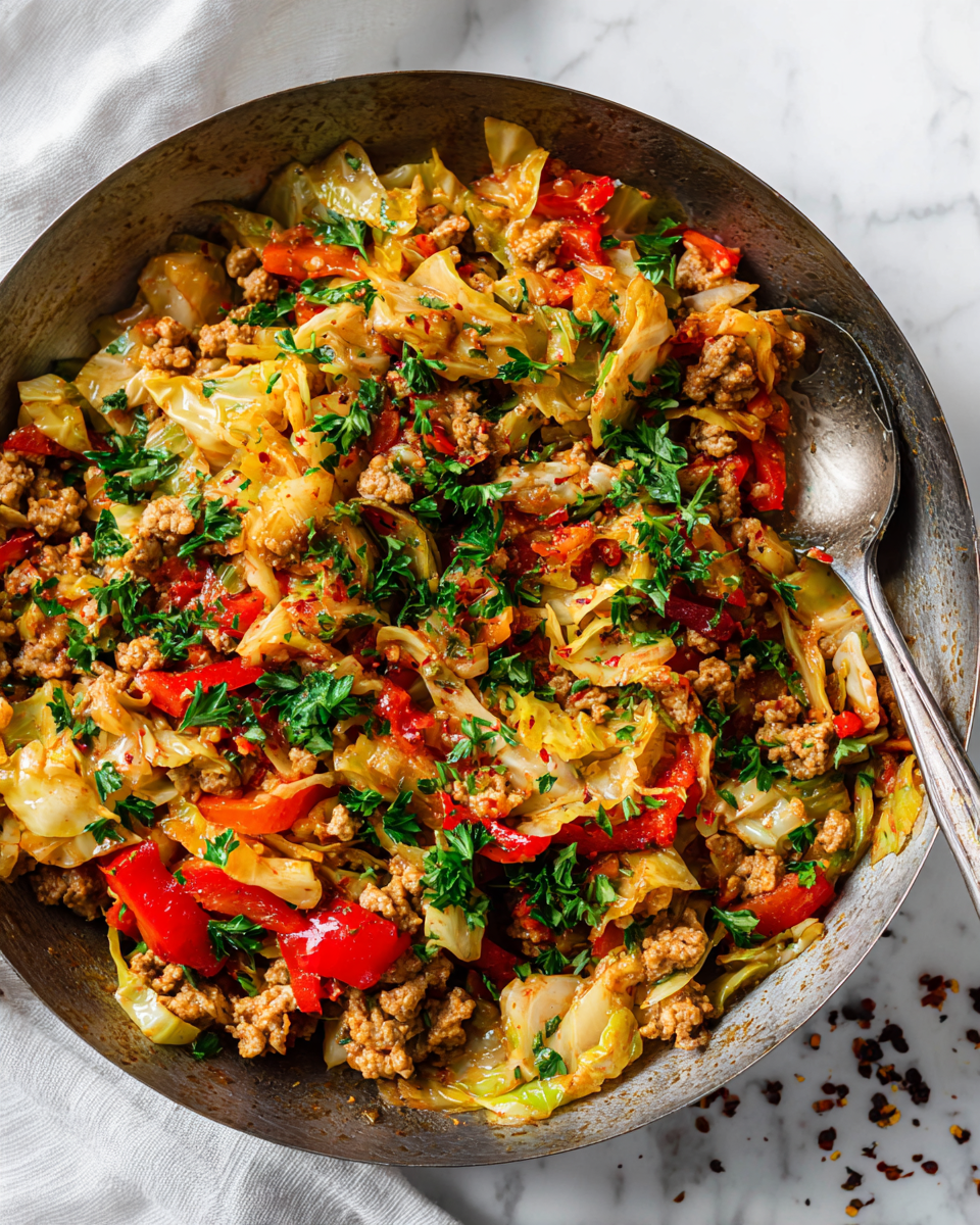 Ground Turkey and Cabbage Skillet: A healthy, one-pan meal ready in 30 minutes, featuring nutrient-rich ingredients for a cozy dinner.