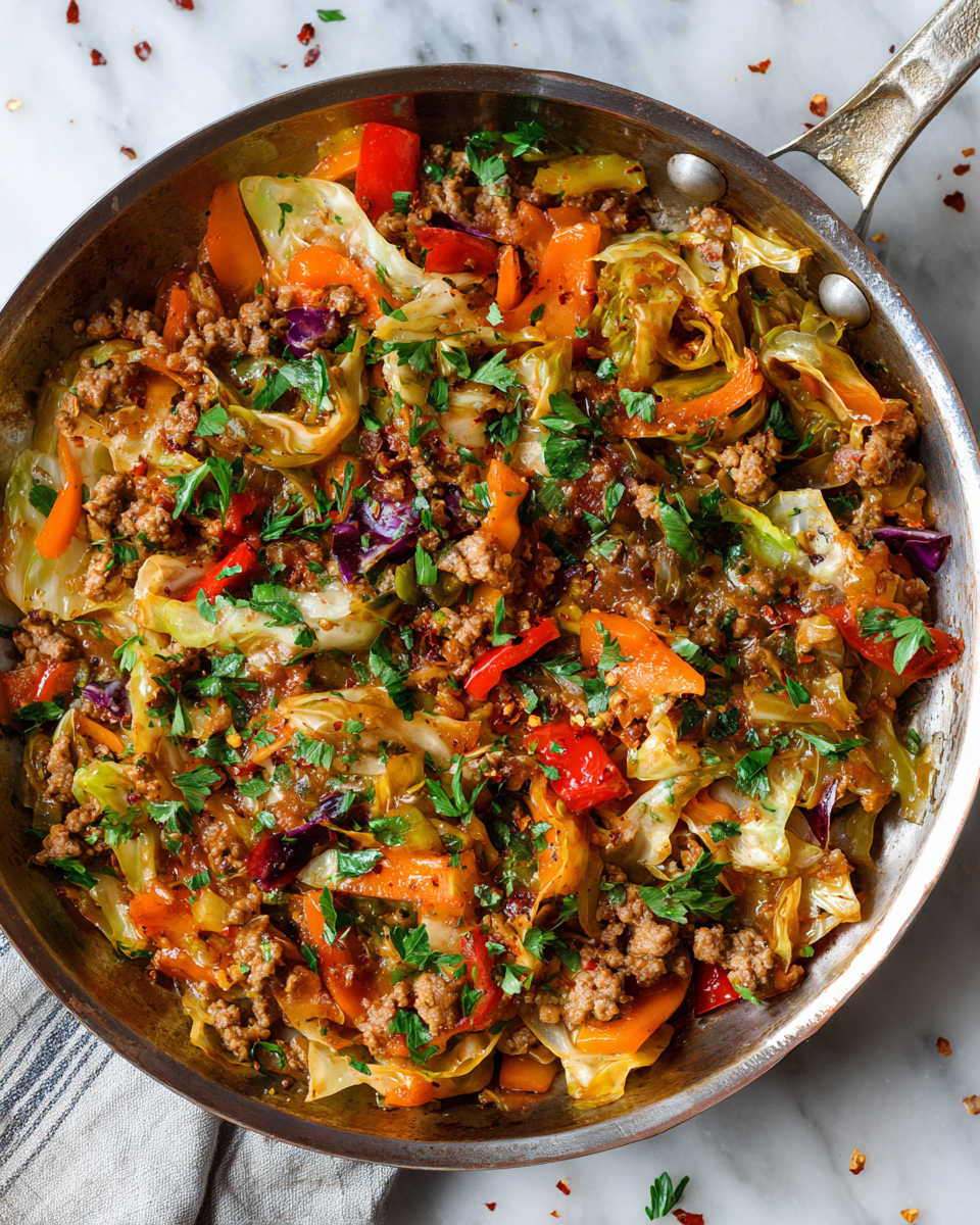 Ground Turkey and Cabbage Skillet: A healthy, one-pan meal ready in 30 minutes, featuring nutrient-rich ingredients for a cozy dinner.