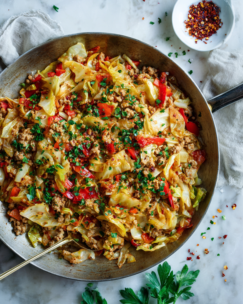Ground Turkey and Cabbage Skillet: A healthy, one-pan meal ready in 30 minutes, featuring nutrient-rich ingredients for a cozy dinner.