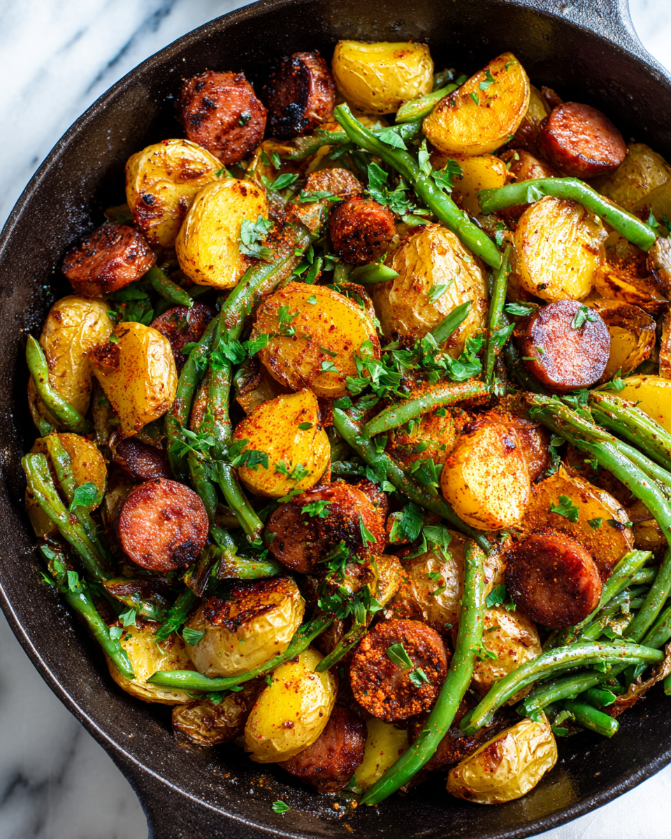 One-Pan Kielbasa and Potatoes with Green Beans roasted to perfection for a comforting meal in 40 minutes