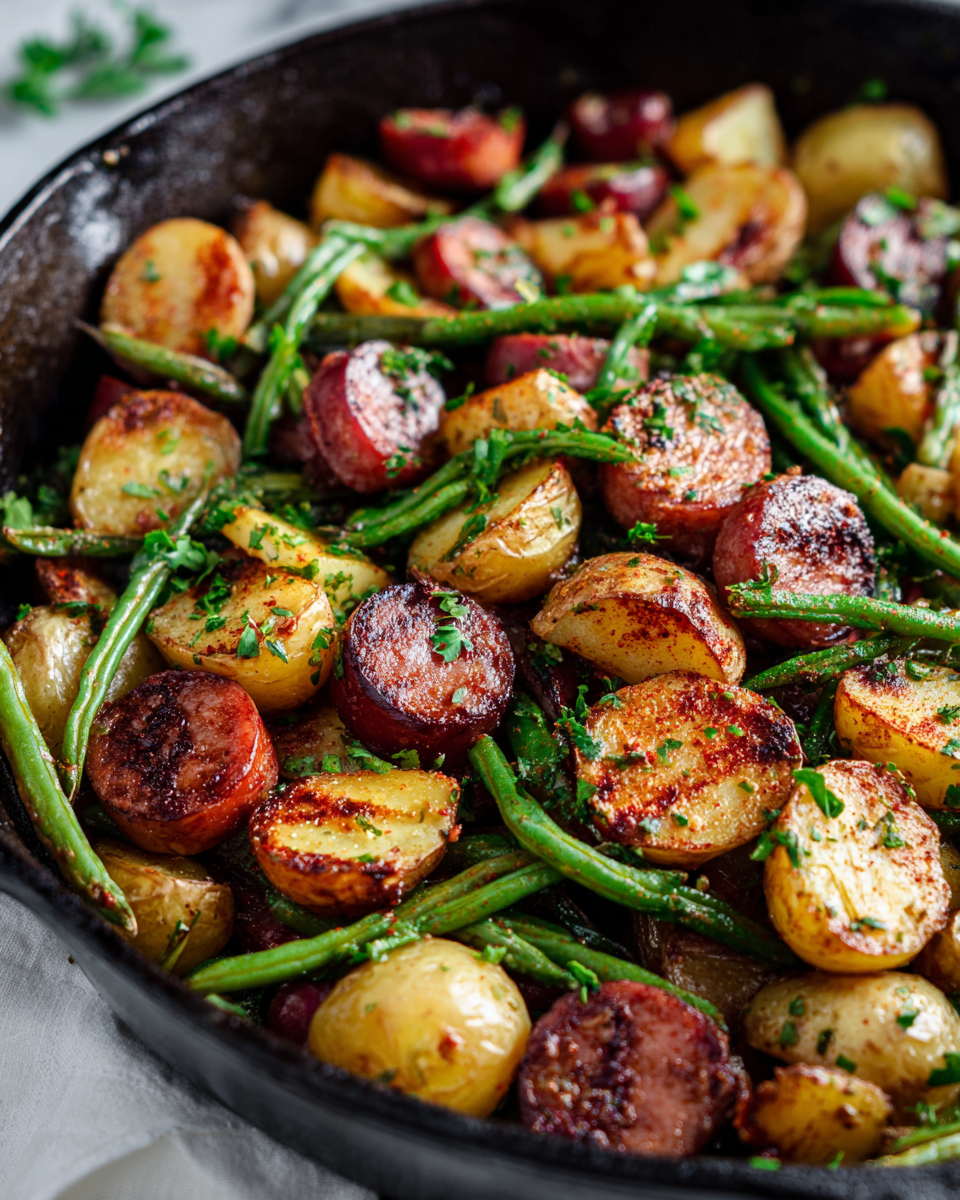 One-Pan Kielbasa and Potatoes with Green Beans roasted to perfection for a comforting meal in 40 minutes