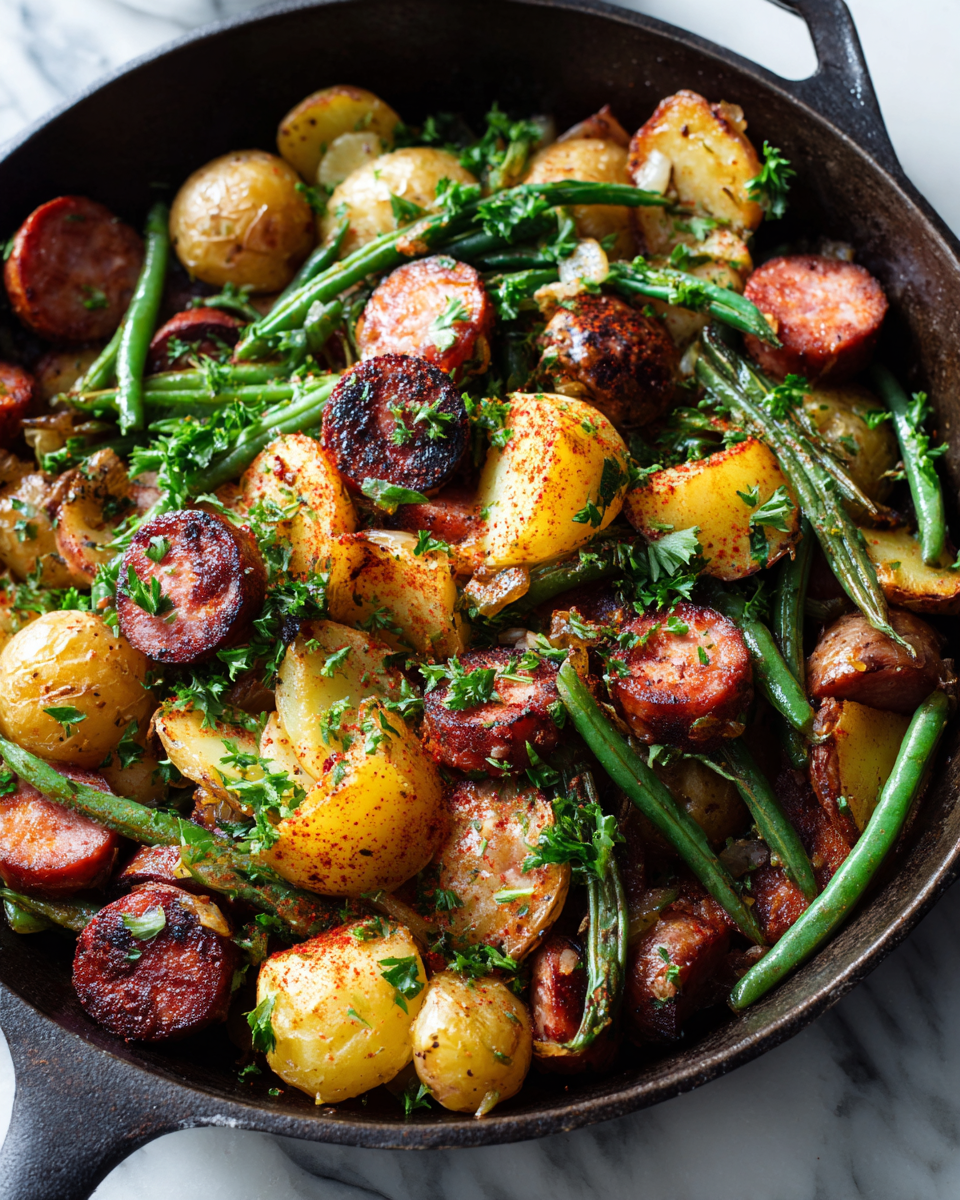 One-Pan Kielbasa and Potatoes with Green Beans roasted to perfection for a comforting meal in 40 minutes