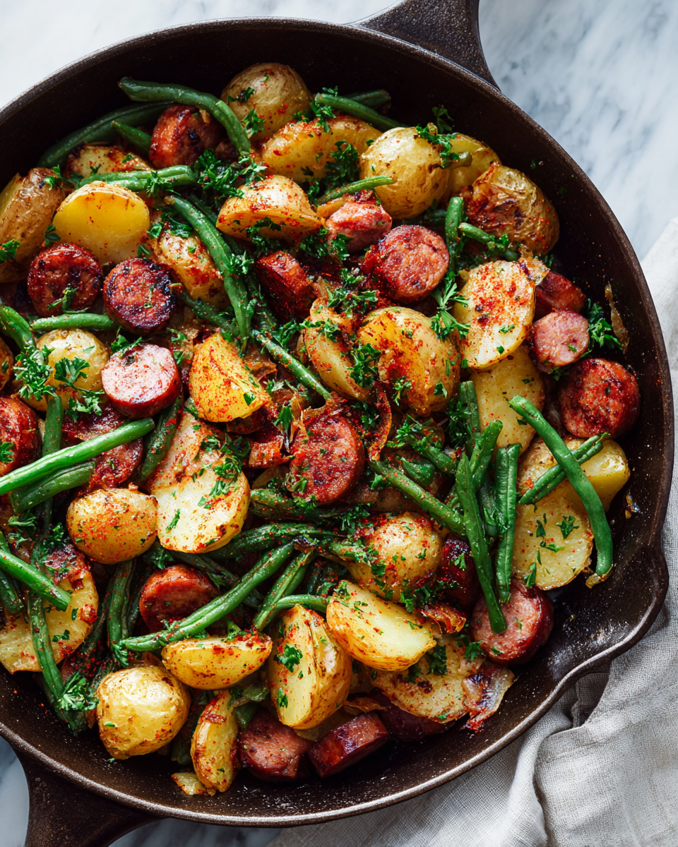 One-Pan Kielbasa and Potatoes with Green Beans roasted to perfection for a comforting meal in 40 minutes