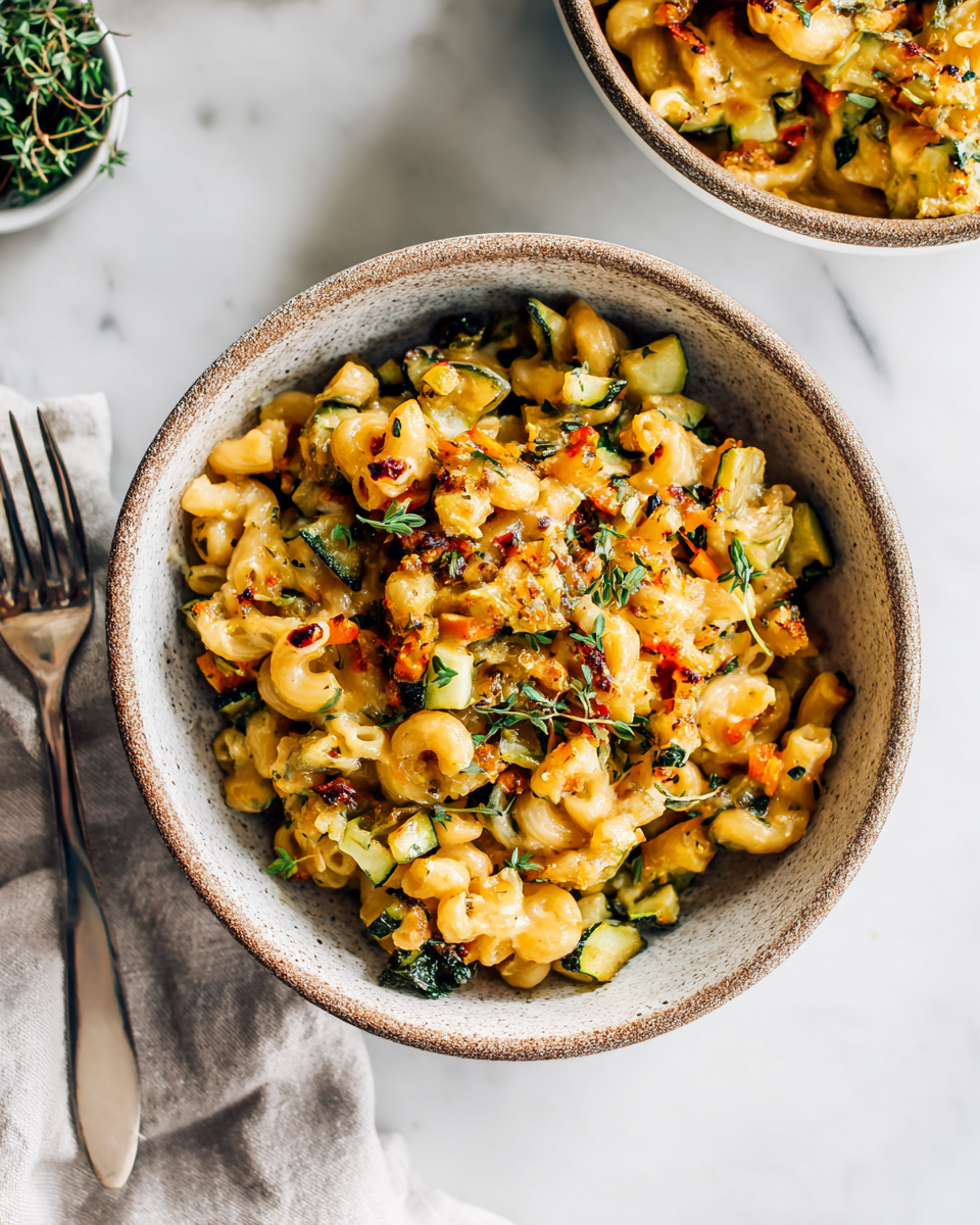 One-Pot Veggie Mac and Cheese with gooey cheese and fresh vegetables, perfect for speedy family dinners and cozy gatherings.