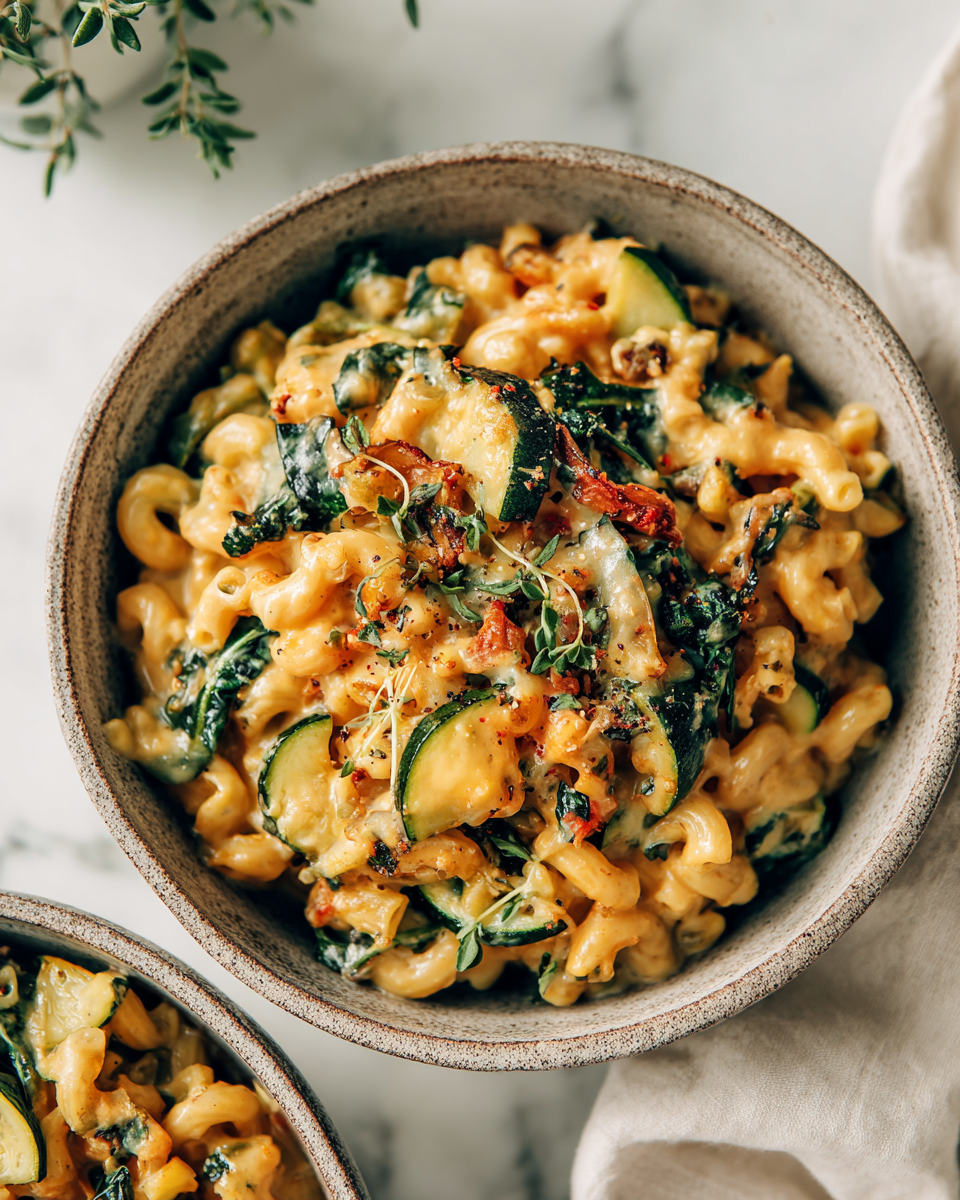 One-Pot Veggie Mac and Cheese with gooey cheese and fresh vegetables, perfect for speedy family dinners and cozy gatherings.